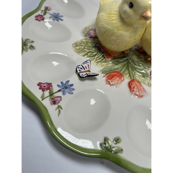 Egg Platter With 2 Baby Chics, Butterfly & Tulips.‎ Vintage 10” Diameter - Picture 3 of 16